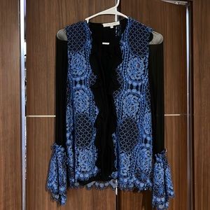 Alexis blue and black lace button down blouse XS
